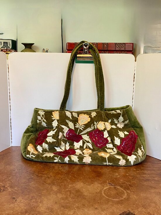 Alexia Crawford Handbags - Alexia Crawford New York Green Velvet Burnt Out Shoulder Bag Purse Flowers Boho
